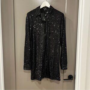Sparkling Black Sequin Button Down Shirt Dress
